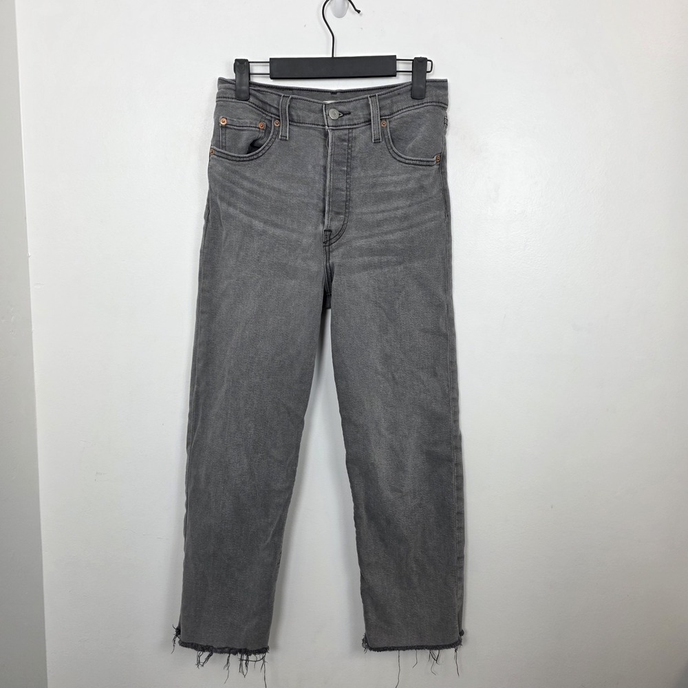 Levi's Gray Ribcage Straight Ankle Raw Hem High Rise Button Fly Jeans Size 26